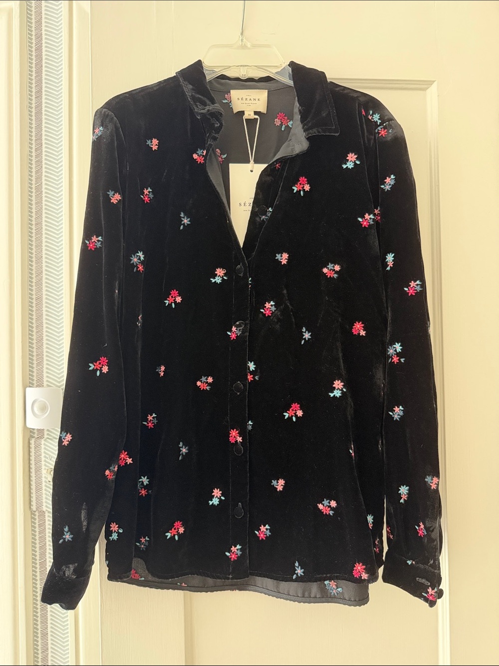 Sezane Black Velvet Floral Embroidered Button-Up Top